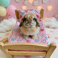 Adorable bunny sitting on organic cotton bed pad with pink heart pattern - handmade IKEA doll bed insert by BunnyBeds.com