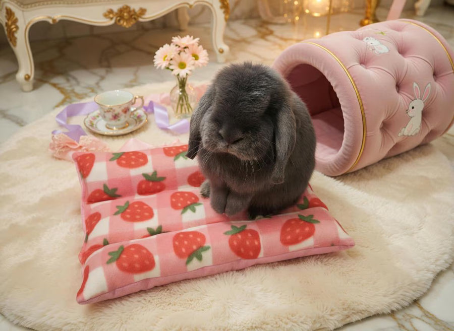 Gray lop bunny on strawberry pattern organic cotton dream bed with cozy pink cave - handmade rabbit bed by BunnyBeds.com